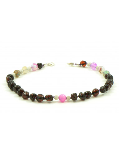 Cherry Baroque Polished Amber and Colorful Agate Beads  Anklet for Adult with Sterling Silver 925 Clasp