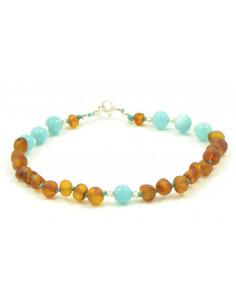 Cognac Baroque Raw Amber and Aquamarine Beads Anklet for Adult with 925 Sterling Silver Clasp