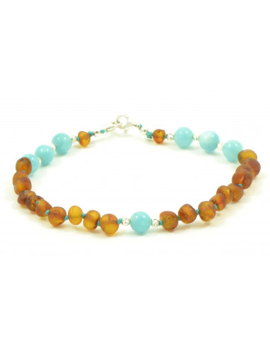 Cognac Baroque Raw Amber and Aquamarine Beads Anklet for Adult with 925 Sterling Silver Clasp