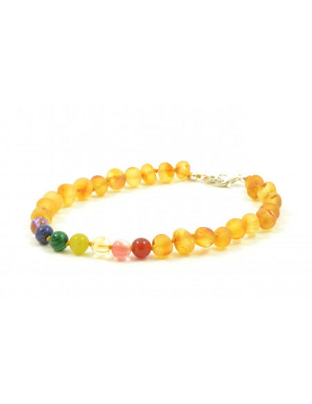 Honey Baroque Raw Amber & Chakra Beads Anklet for Adult  with 925 Sterling Silver Clasp