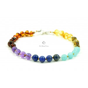 Rainbow Baroque Polished Amber & Gemstones Beads Anklet with 925 Sterling Silver Clasp
