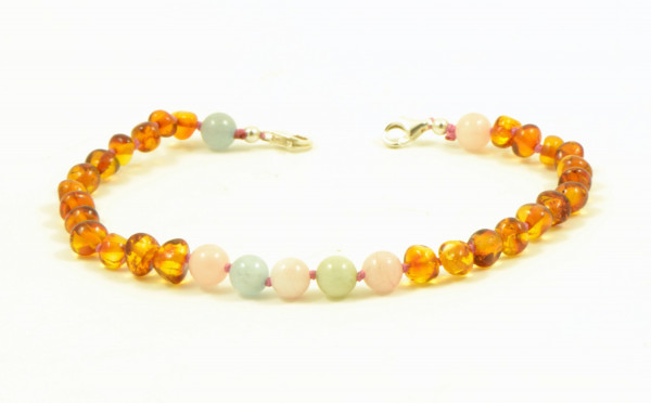 Cognac Baroque Polished Amber and Morganite (Beryl) Beads Anklet for Adult  with 925 Sterling Silver Clasp