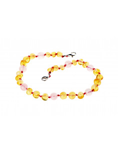 Honey Baroque Polished Amber and Rose Quartz Beads Anklet for Adult with 925 Sterling Silver Clasp