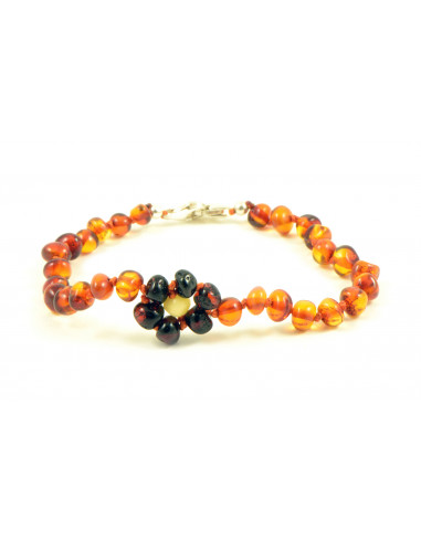 Cognac Baroque Polished Amber Anklet for Baby with Cherry flower and 925 Sterling Silver Clasp