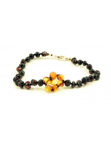 Cherry Baroque Polished Amber Beads Anklets for Baby with Cognac flower and 925 Sterling Silver Clasp