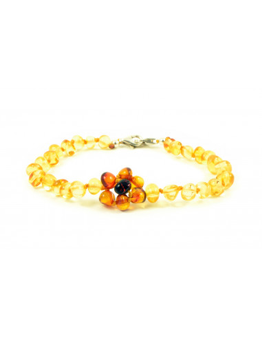 Lemon Baroque Polished Amber Beads Anklet for Baby with Cognac flower and 925 Sterling Silver Clasp