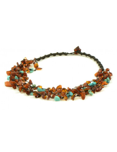 Cognac Chip Polished Amber & Turquoise Beads Necklace for Adult