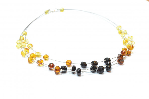 Rainbow Baroque Polished Amber Adult Three Rows Necklace on Flexible Band