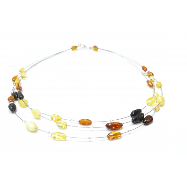 Multi Color Polished Olive Amber Three Rows Necklace on Flexible Band for Adult