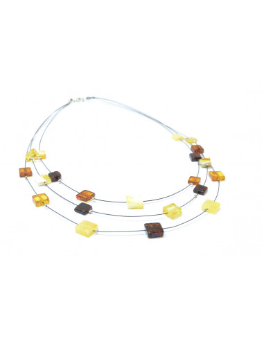 Multi Color Polished Amber Three Rows Necklace on Flexible Band for Adult