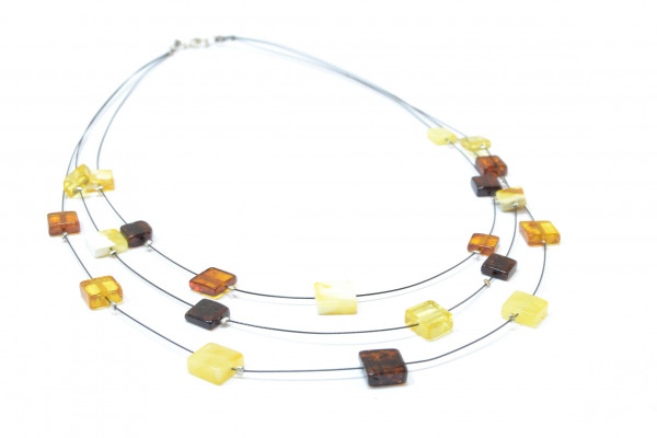 Multi Color Polished Amber Three Rows Necklace on Flexible Band for Adult