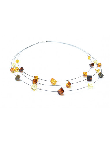 Multi Color Square Polished Amber Three Rows Necklace on Flexible Band for Adult