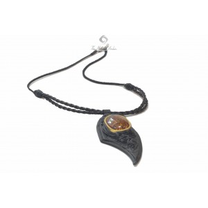 Necklace on Black Leather Band for Adult with Cognac Polished Amber Pendant