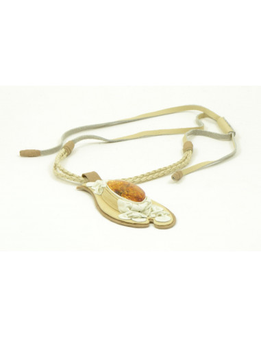 Necklace on White Leather Band for Adult with Cognac Polished Amber Pendant