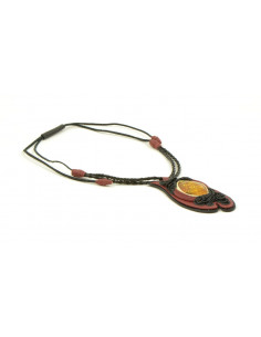 Necklace on Black & Red Leather Band for Adult with Cognac Polished Amber Pendant