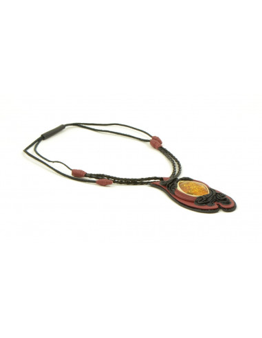Necklace on Black & Red Leather Band for Adult with Cognac Polished Amber Pendant