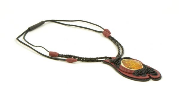 Necklace on Black & Red Leather Band for Adult with Cognac Polished Amber Pendant