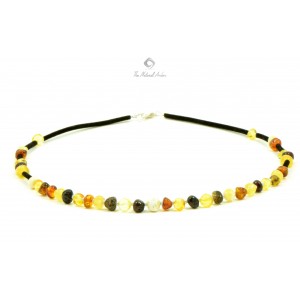 Multi Color Baroque Polished Amber Necklace on Leather Band for Adult