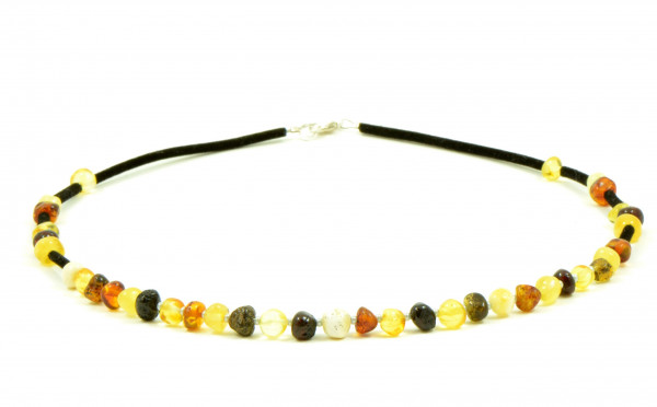 Multi Color Baroque Polished Amber Necklace on Leather Band for Adult