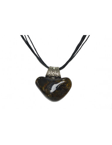 Necklace on The Leather Band for Adult with Green Polished Amber Pendant