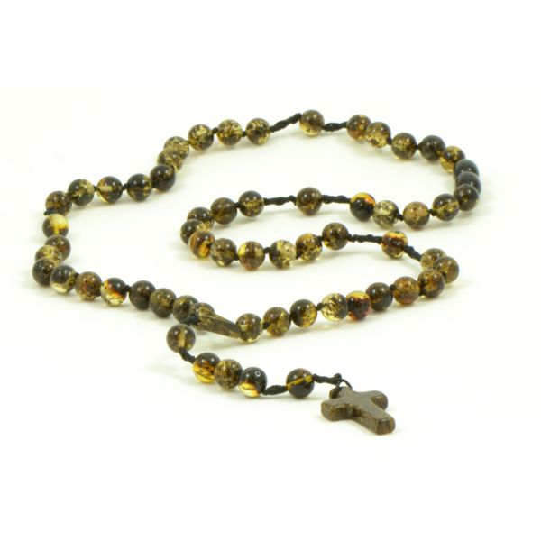 Green Round Polished Amber Necklace for Adult with Cross