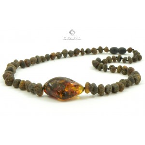 Mens Necklace from Green Raw Amber with Big Polished Amber Stone in The Center