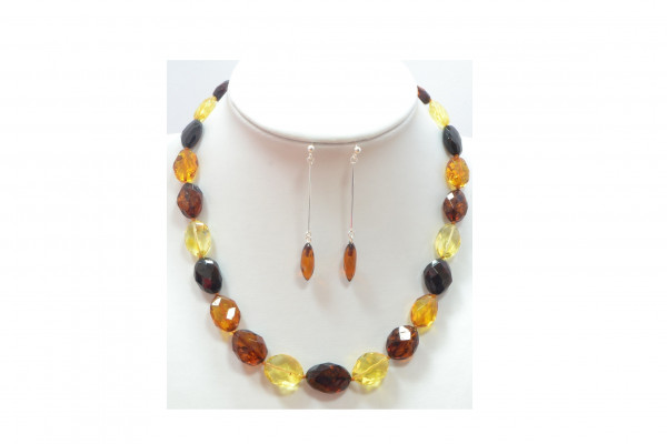 Big Faceted Olive Multicolor Amber Bead Necklace and Earrings Set