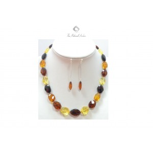 Big Faceted Olive Multicolor Amber Bead Necklace and Earrings Set