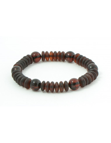 Cherry Raw Amber Adult Bracelet on Elastic Band with Cherry Round Polished Beads
