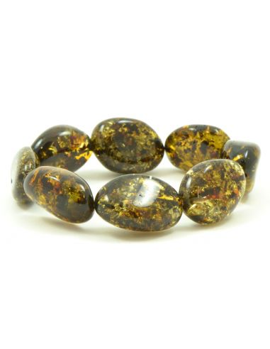 Green Olive Polished Amber Adult Bracelet on Elastic Band