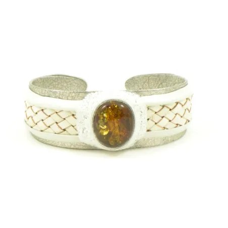 White Leather Adult Bracelet with Green Polished Amber Stone