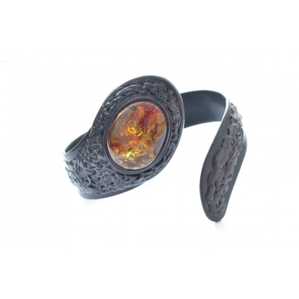 Black Leather Adult Bracelet with Green Polished Amber Stone