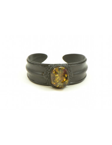 Black Leather Bracelet with Green Polished Amber Stone