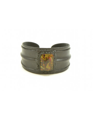 Black Leather Bracelet with Green Polished Amber Stone