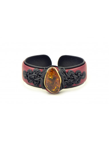 Red Leather Bracelet with Cognac Amber Stone