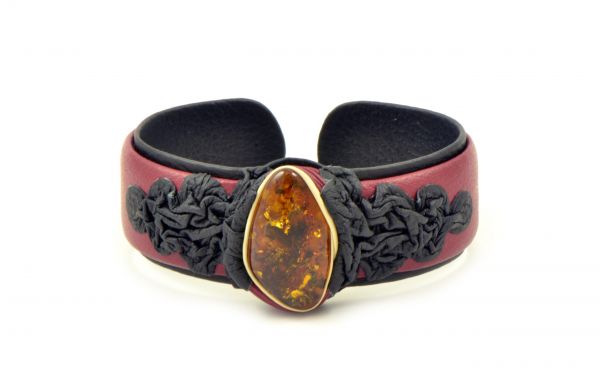Red Leather Bracelet with Cognac Amber Stone