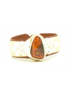 White Leather Bracelet with Cognac Amber Stone