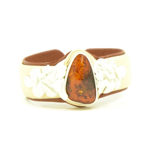 White Leather Bracelet with Cognac Amber Stone