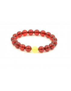 Red Round Polished Amber Adult Bracelet with 1 Milky Bead in The Center