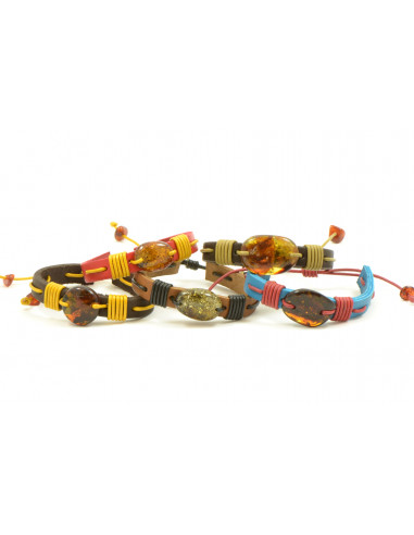 Adjustable Amber and Leather Adult Bracelet