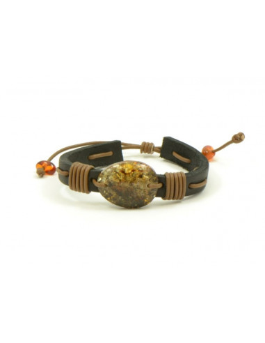 Adjustable Amber and Leather Adult Bracelet