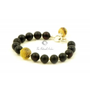Cherry Raw Amber Bracelet for Adult with Milky Amber Ball Shape Pendant