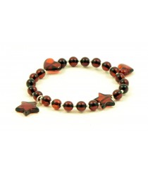 Dark Cognac Polished Amber Adult Bracelet with Heart and Star Pendants