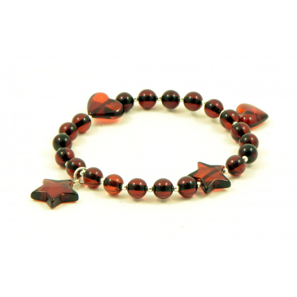 Dark Cognac Polished Amber Adult Bracelet with Heart and Star Pendants