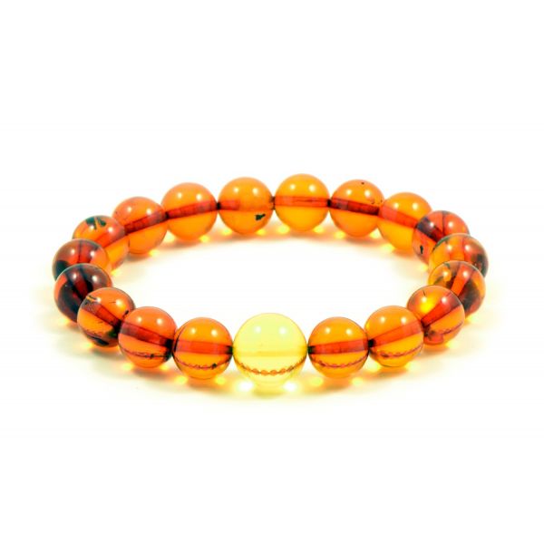 Cognac Round & Lemon Polished Amber Bead Adult Bracelet on Elastic Band