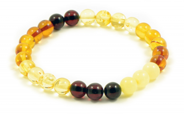 Pattern Multi Round Polished Amber Bead Adult Bracelet on Elastic Band