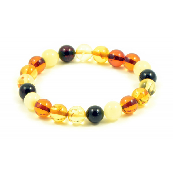 Multi Round Polished Amber Bead Adult Bracelet on Elastic Band