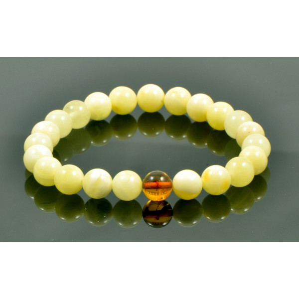 Milky Round & Cognac Polished Amber Bead Adult Bracelet on Elastic Band