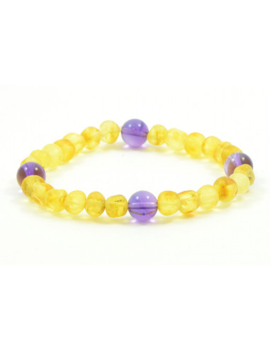 Lemon Baroque Raw Amber & Amethyst Beads Bracelet for Adult