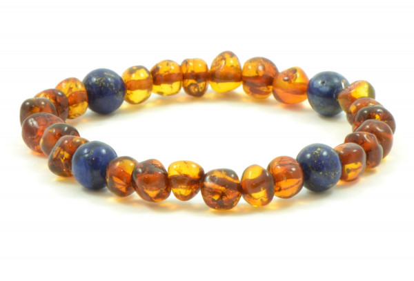 Cognac Baroque Polished Amber & Lapis Lazuli Beads Bracelet for Adult